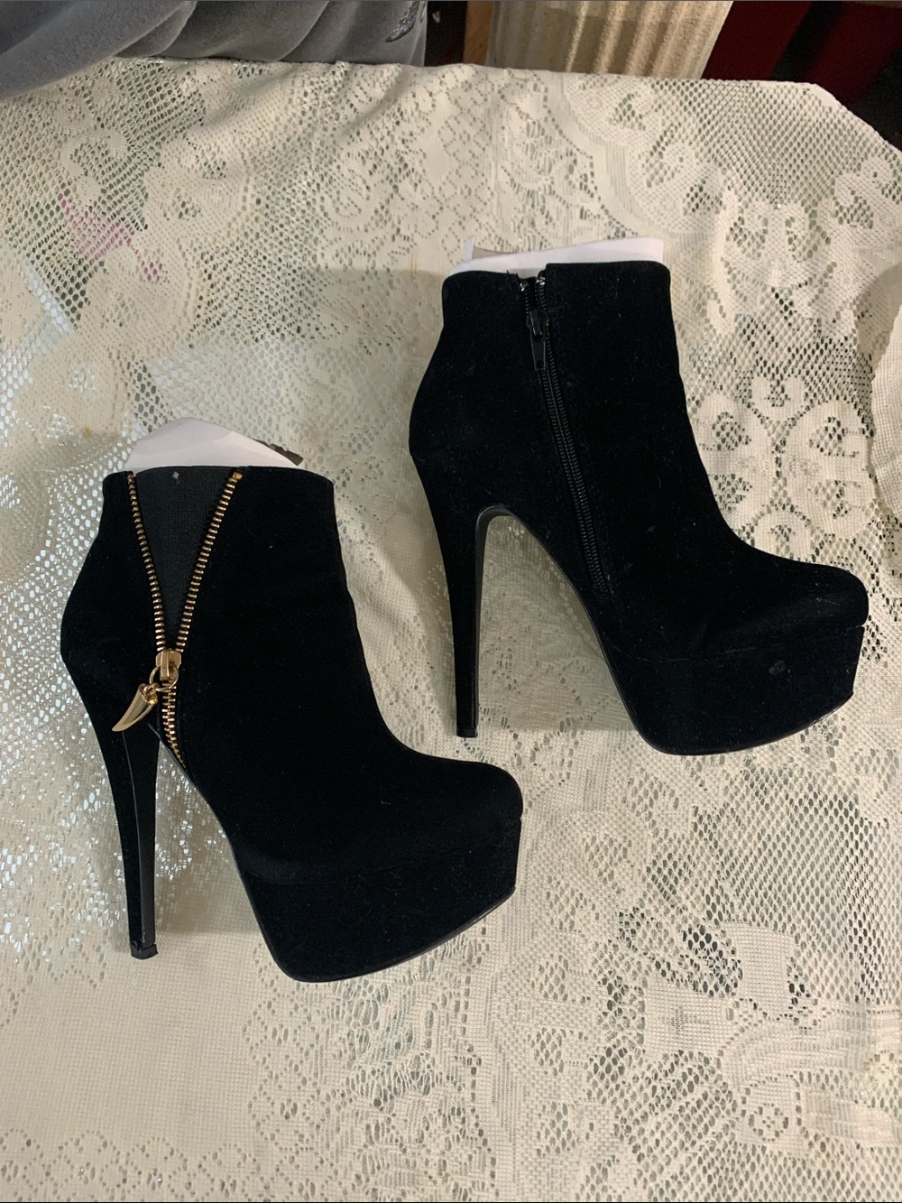 Black Velvet Platform Ankle Boots with Gold Zip Accent - Women